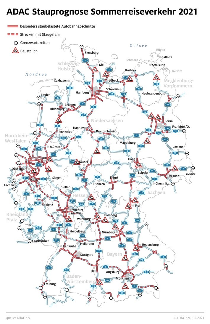 Autoschlangen wälzen sich in Richtung Berge und Meer / ADAC: Sommerstau-Saison steuert auf Höhepunkt zu / Stauprognose für 16. bis 18. Juli